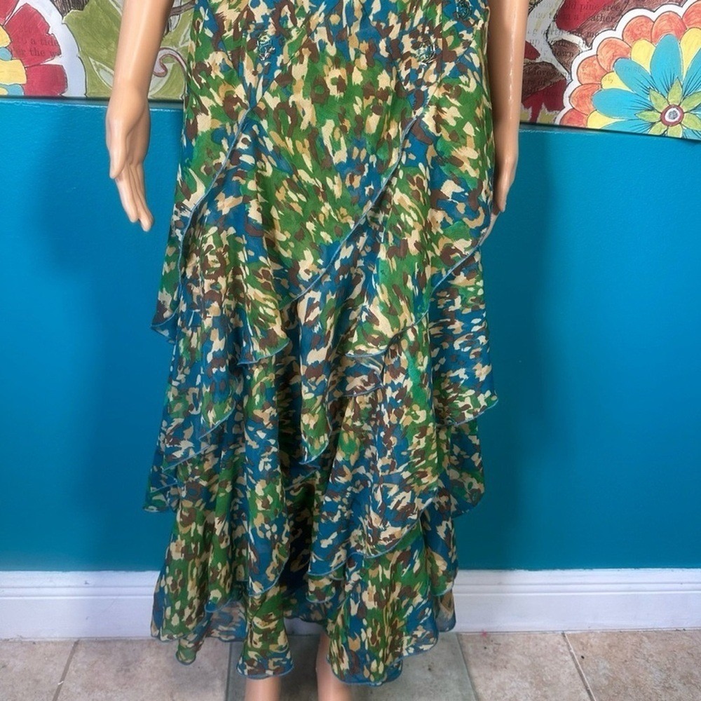 Robbie Bee Maxi Dress Women's Size 8 Ruffle Green Blue Abstract Print Tiered - Picture 3 of 12